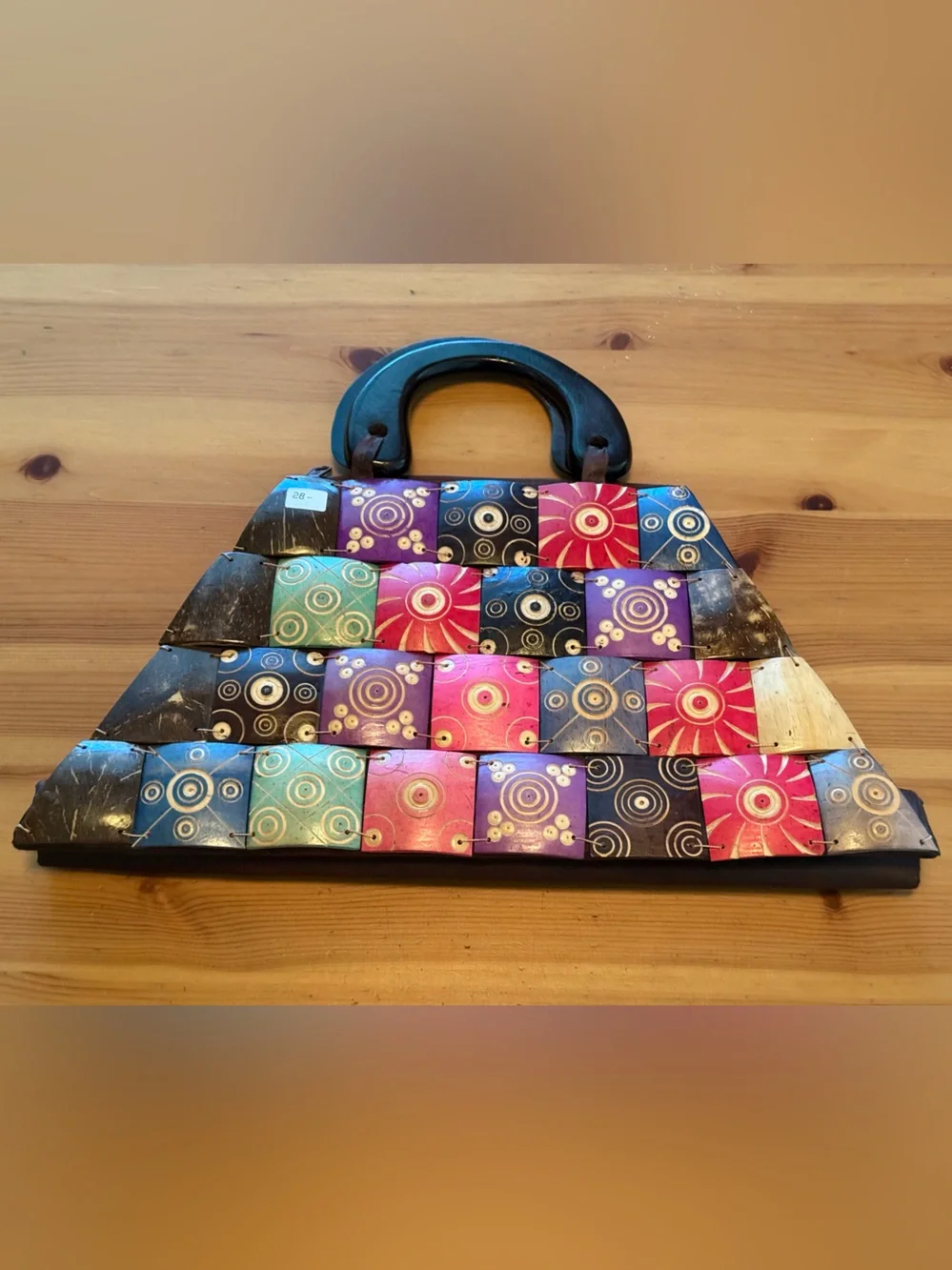 Artisan Coconut Shell Mosaic Handcrafted Tote Bag with Black Handles